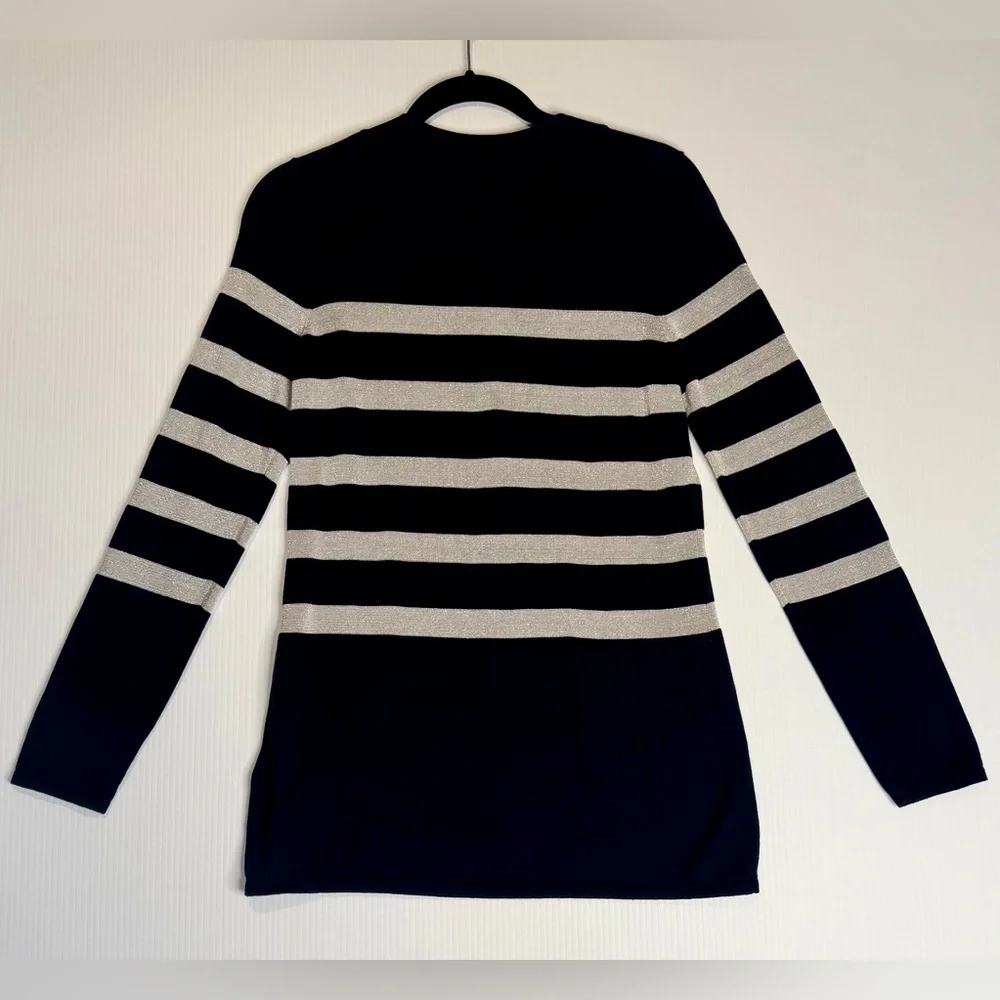MICHAEL KORS Black Silver Striped Tunic Sweater Chain Lace-Up - Size M